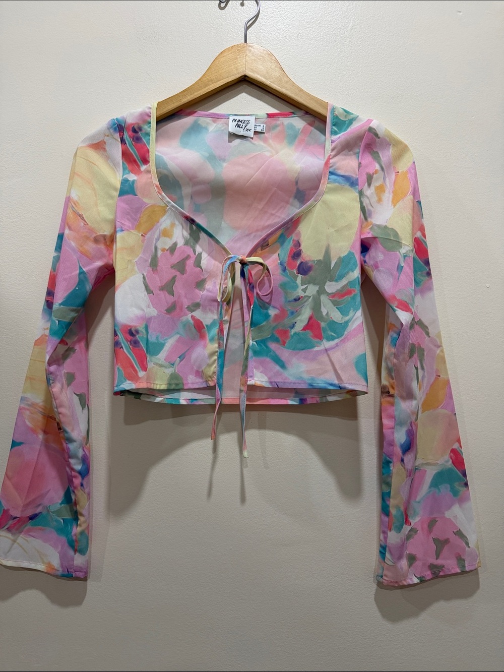 Princess Polly Pastel Multicolor Tie Front Long Sleeve Crop Top
